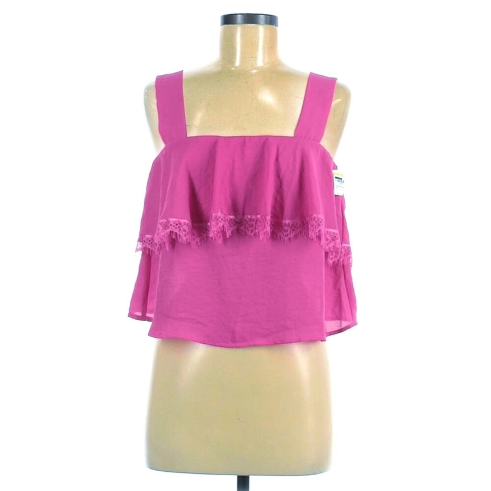 CAD lace detail popover ruffle cropped tank top blouse in raspberry pink S NEW